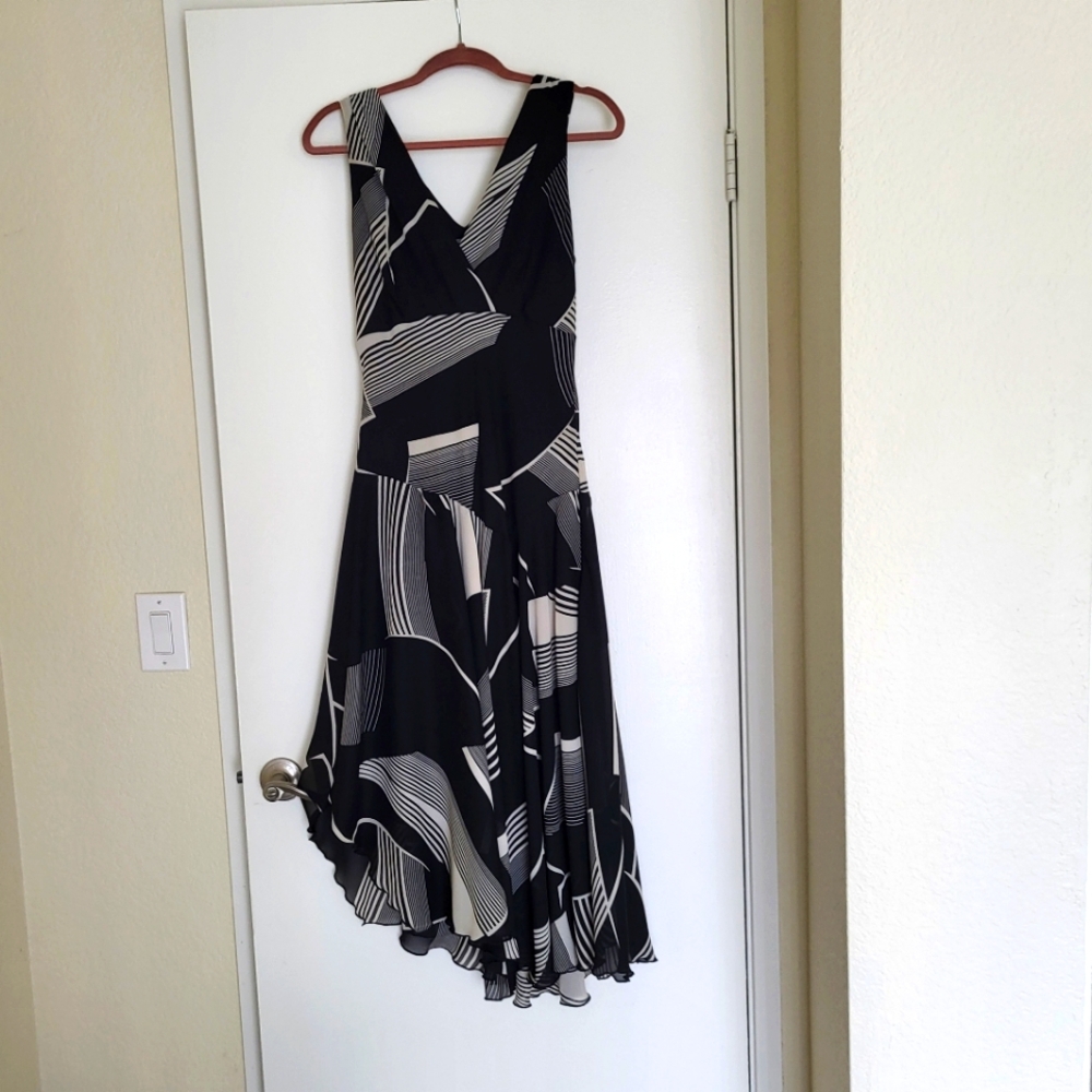 VTG Rabbit Rabbit Rabbit Designs Dress Womens 10 Black Cream Flowy Sleeveless